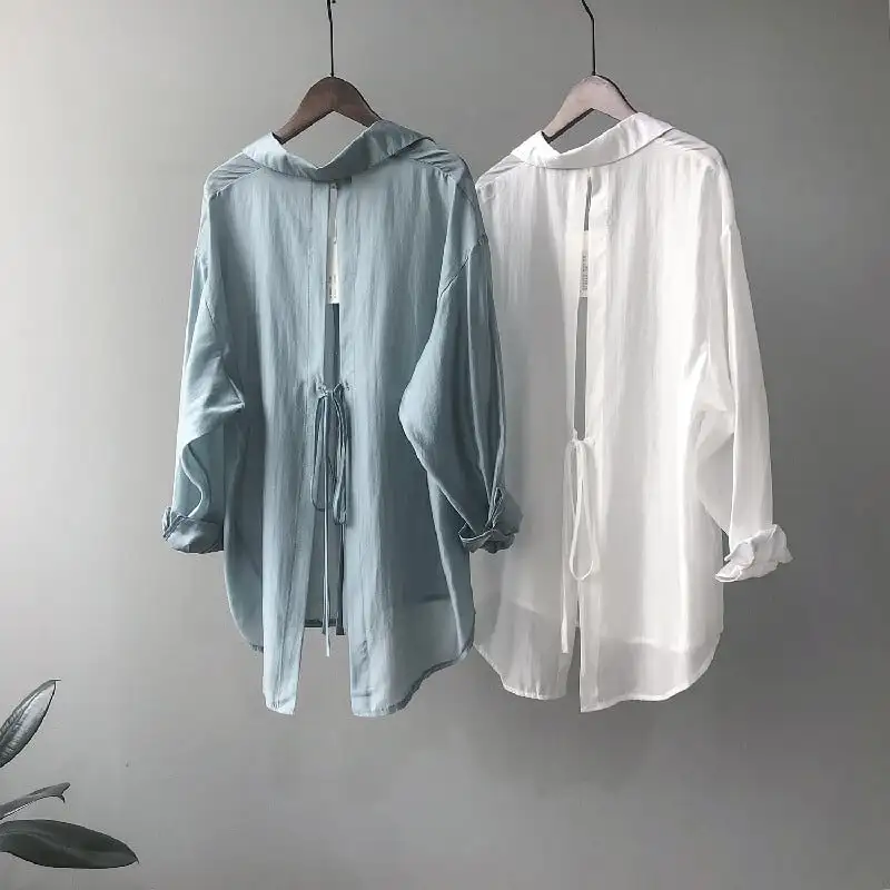 トップス 薄いシャツ 日差し防止 3色展開 バックリボン 薄手 ブルー ホワイト パープル S M L