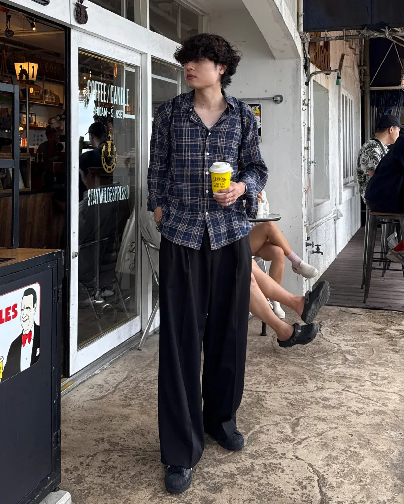 タータンチェックリンクルロングシャツ