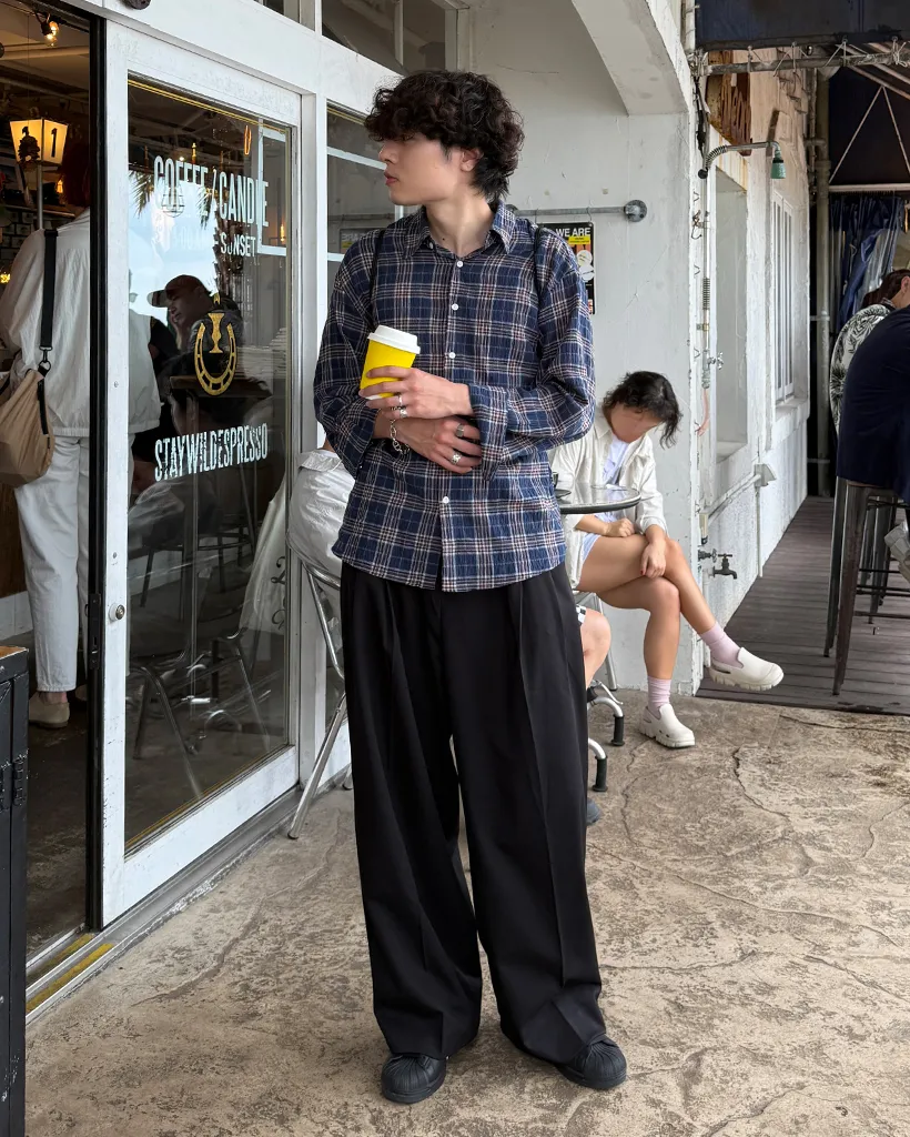 タータンチェックリンクルロングシャツ