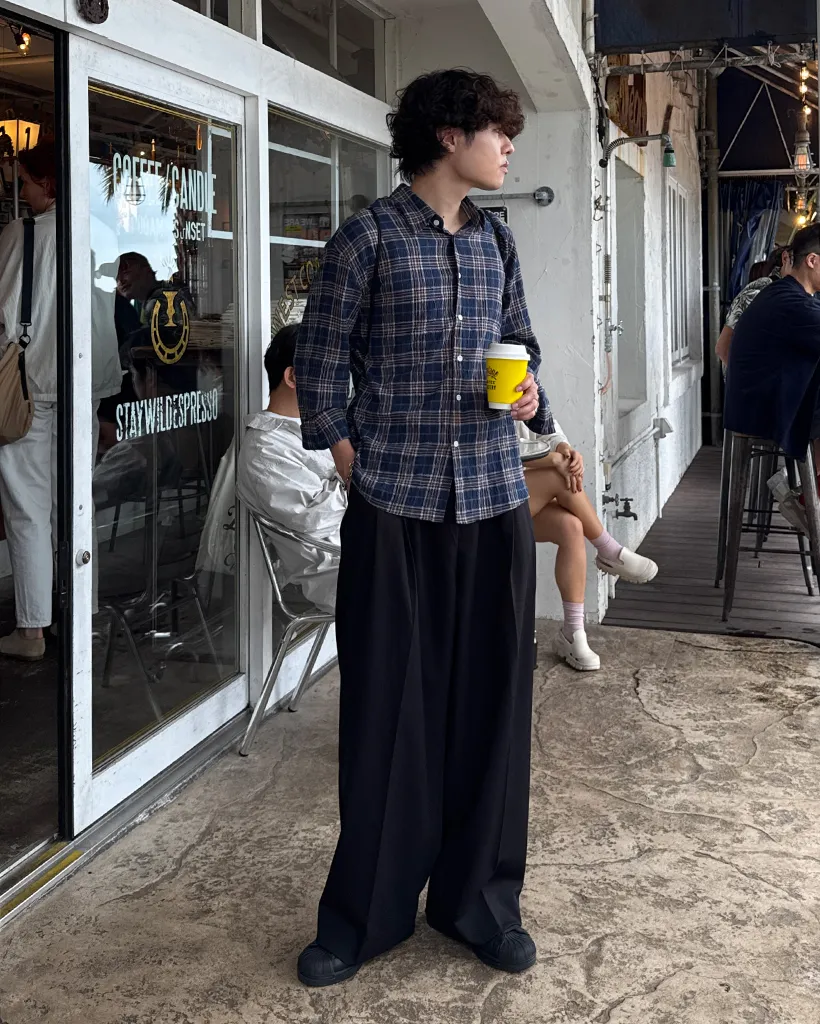 タータンチェックリンクルロングシャツ