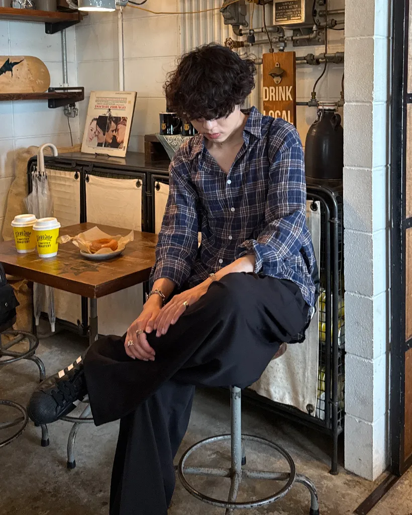 タータンチェックリンクルロングシャツ