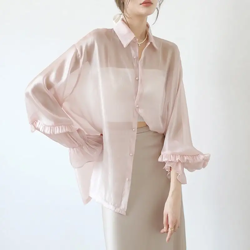 トップス 薄いシャツ 日差し防止 2色展開 薄手 ランタンスリーブ 日焼け止め服 長袖 ピンク ホワイト