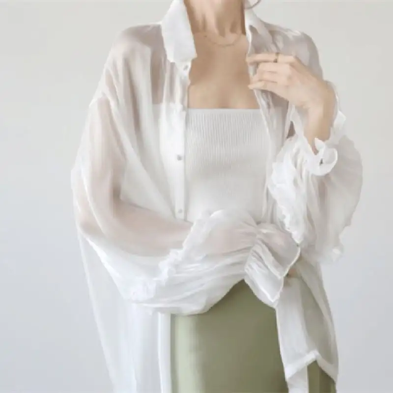 トップス 薄いシャツ 日差し防止 2色展開 薄手 ランタンスリーブ 日焼け止め服 長袖 ピンク ホワイト