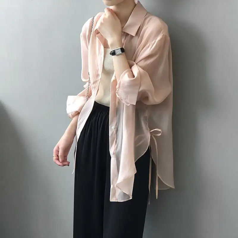 トップス 薄いシャツ 5色展開 日差し防止 薄手 無地 ピンク ホワイト グリーン ブルー イエロー