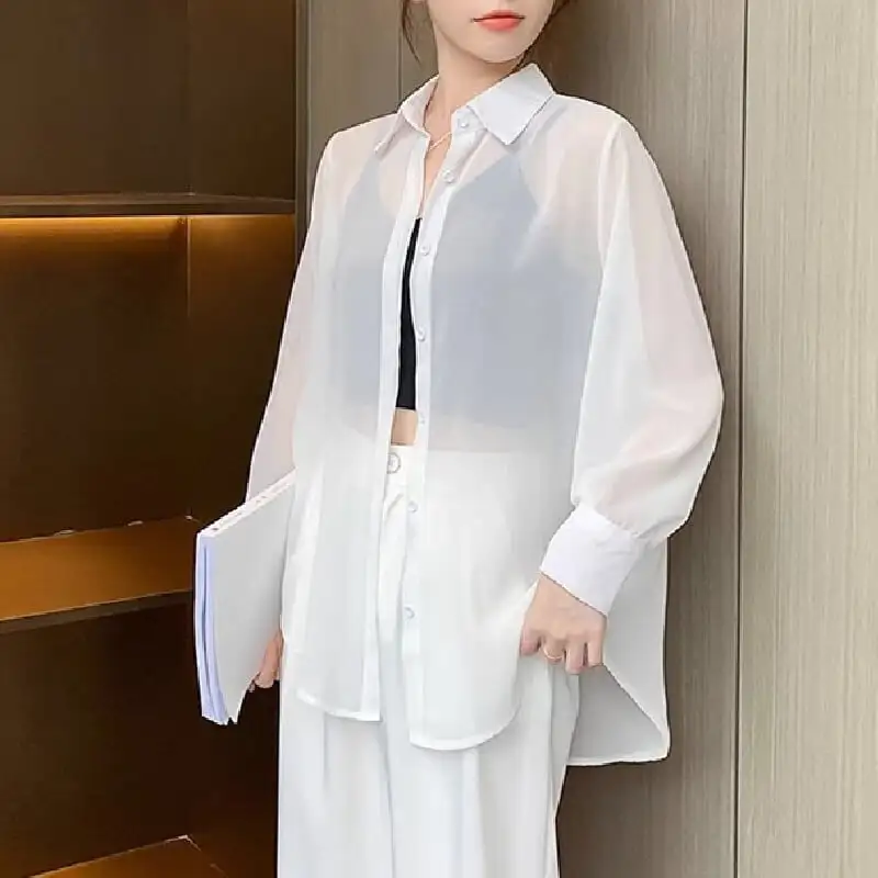 トップス 薄いシャツ 日差し防止 薄手 透け 長袖 シフォン ホワイト