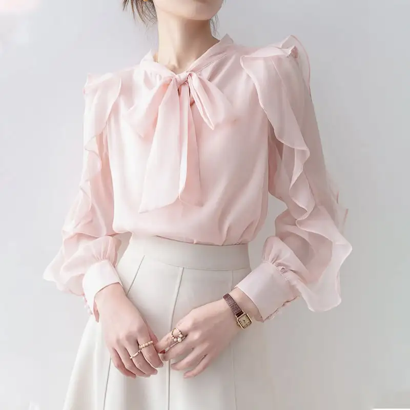 トップス シャツ · ブラウス リボン スカラップスリーブ ライトピンク