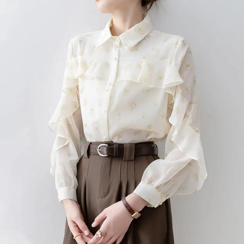 トップス シャツ · ブラウス 花柄 ペプラム 長袖 シングルブレスト