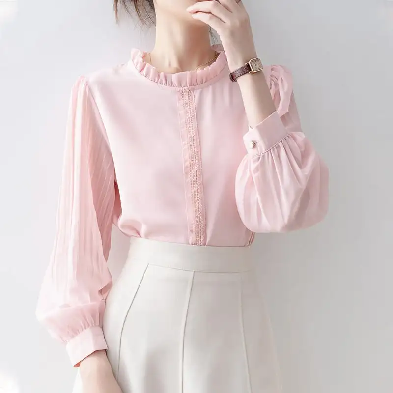 トップス シャツ · ブラウス 無地 通勤 パフスリーブ 長袖 ピンク
