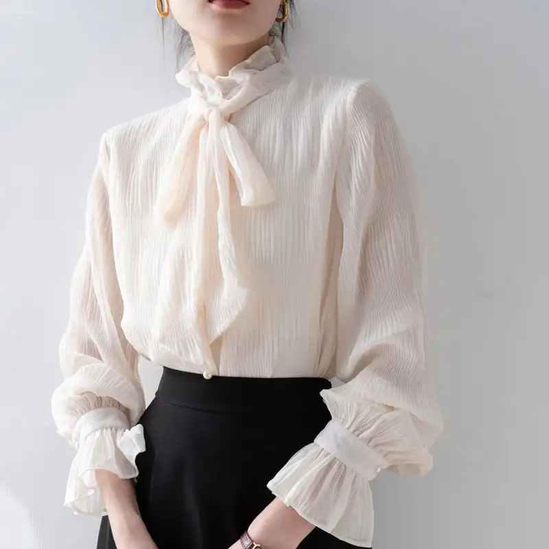 トップス シャツ · ブラウス リボン スピーカースリーブ 長袖 ベージュ