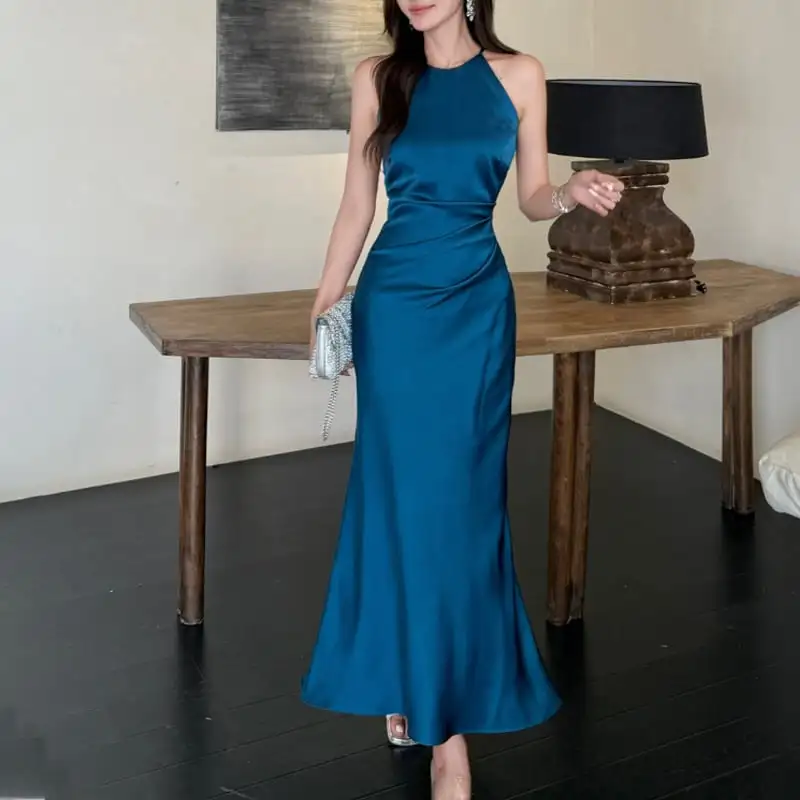 ワンピース 2色展開 ノースリーブ フィッシュテール ブルー ベージュ