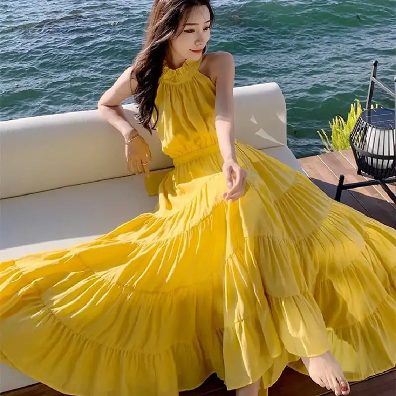 ワンピース 黄色い 休日 ロング丈 バックオープン イエロー