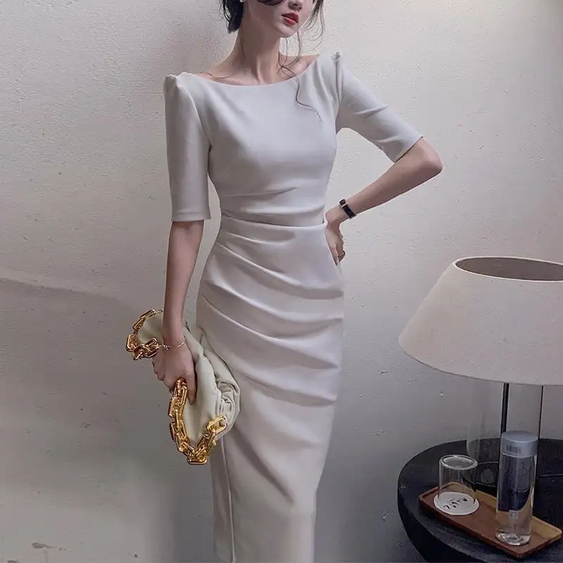 主役級 抜群感強い 気質UP 無地 中袖 ホワイト ブラック レッド ライトグリーン アプリコット ワンピース