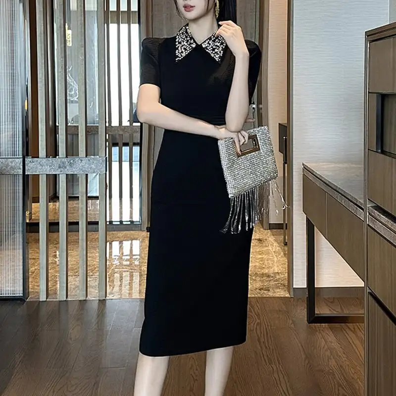 ワンピース シャツネック ラインストーン スリムフィット 大きいサイズ ブラック S M L XL 2XL