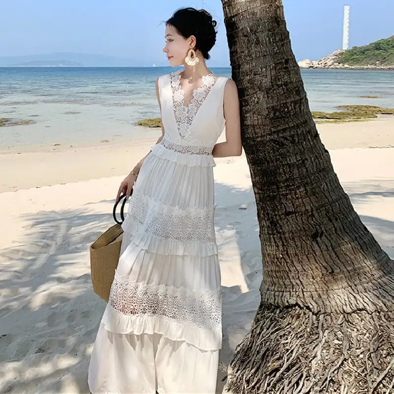 ロングワンピース 海 レース 撮影着 透かし彫り ホワイト