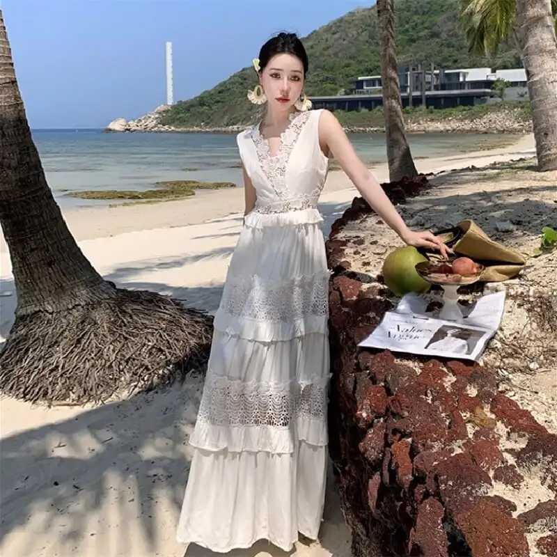 ロングワンピース 海 レース 撮影着 透かし彫り ホワイト