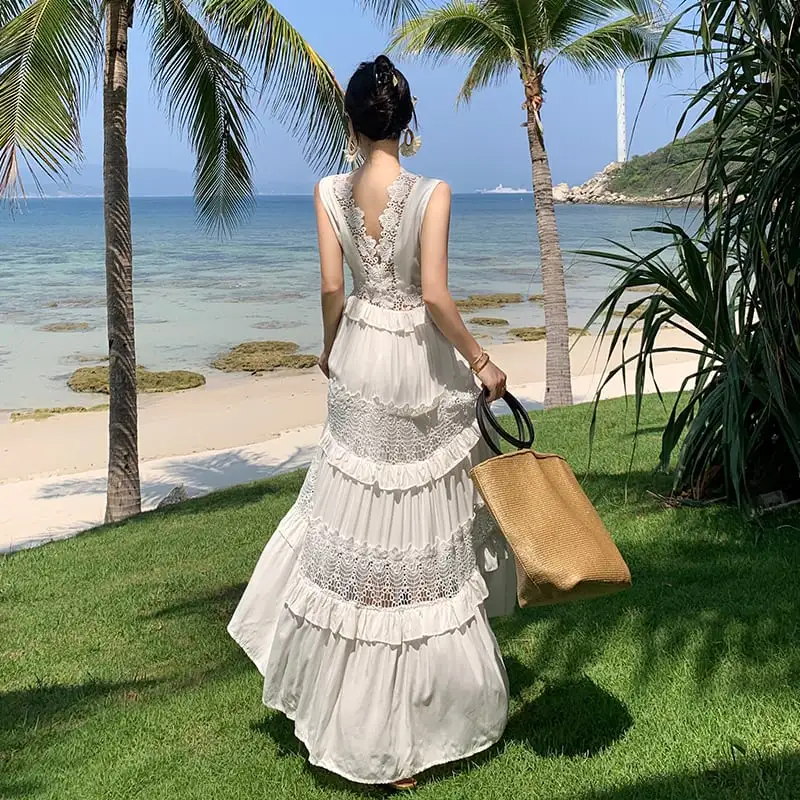 ロングワンピース 海 レース 撮影着 透かし彫り ホワイト