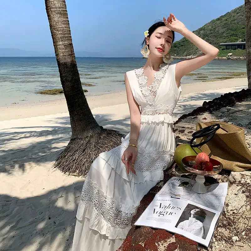 ロングワンピース 海 レース 撮影着 透かし彫り ホワイト