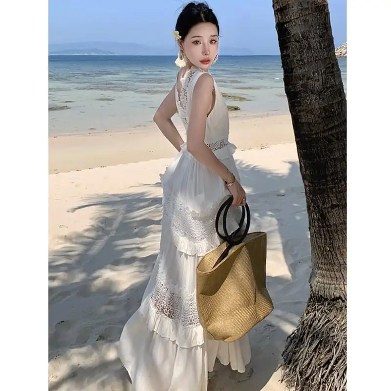 ロングワンピース 海 レース 撮影着 透かし彫り ホワイト