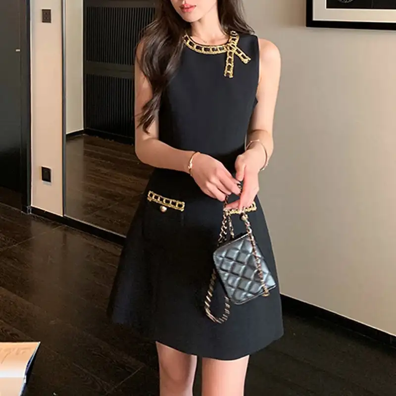 ワンピース ラウンドネック 気質溢れる ノースリーブ ブラック