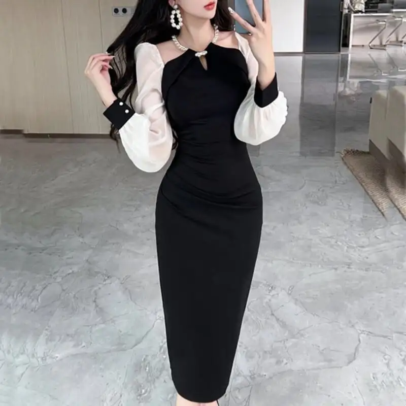 ワンピース ランタンスリーブ フェミニン 黒白配色 ブラック+ホワイト