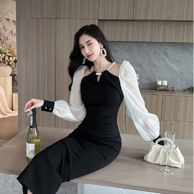 ワンピース ランタンスリーブ フェミニン 黒白配色 ブラック+ホワイト