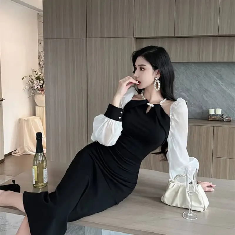 ワンピース ランタンスリーブ フェミニン 黒白配色 ブラック+ホワイト