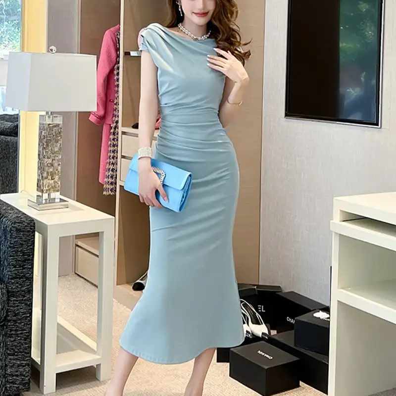 ワンピース 肩見せ 無地 フィッシュテール ブルー ブラック 大きいサイズ