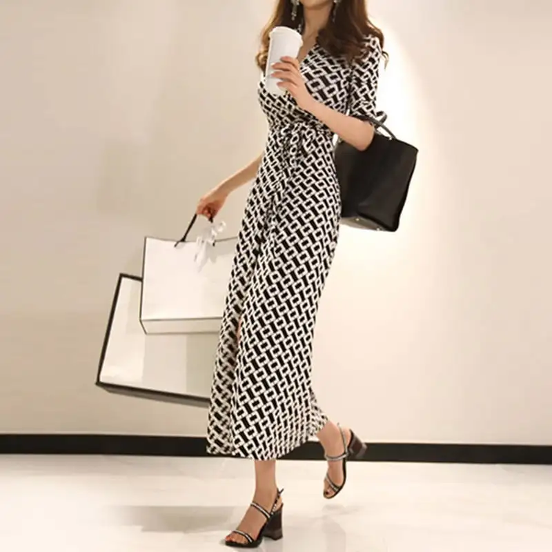 大評判販売中セクシーワンピース 気質 vネック スプリット 通勤 OL 女性らしい 大きいサイズ ロング丈 ラップワンピース