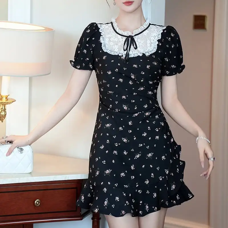 ワンピース 花柄 パフスリーブ レース 大きいサイズ ブラック