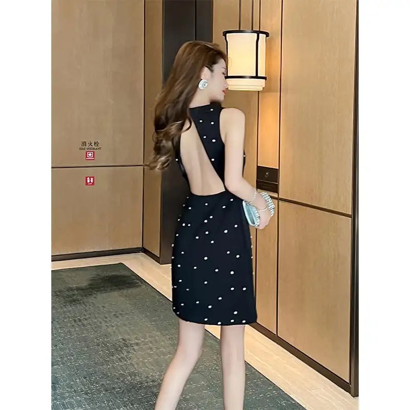 ワンピース セクシー 背見せ ラインストーン ノースリーブ ブラック