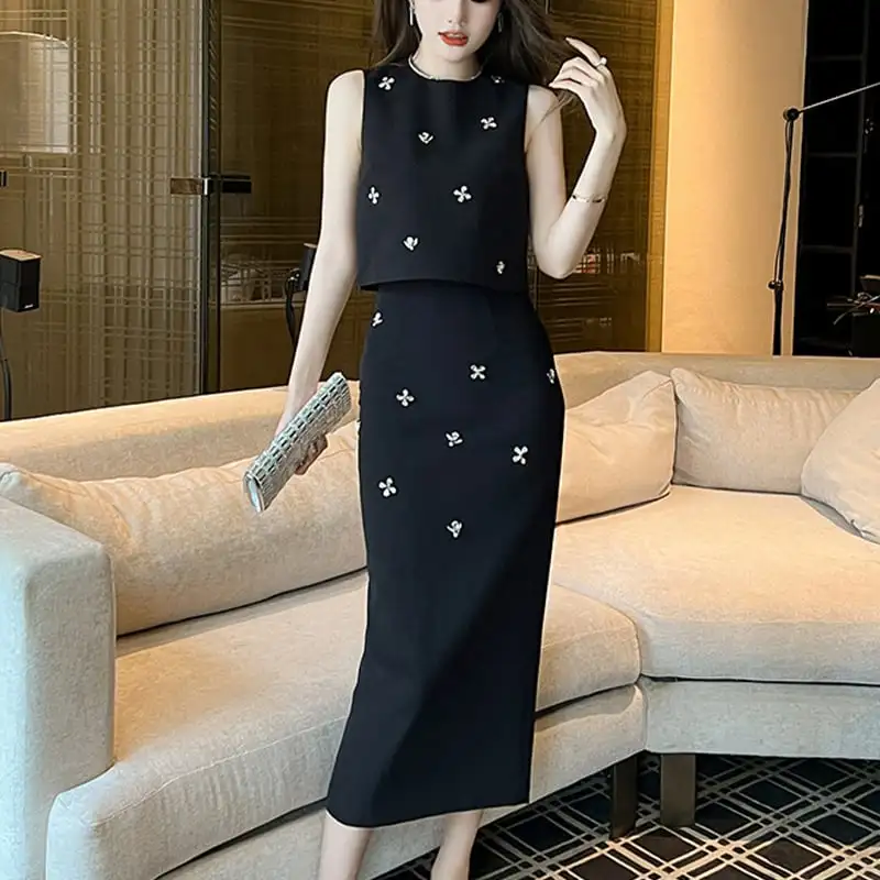 セットアップ OL/通勤 ラインストーン ノースリーブ トップス+スカート ブラック