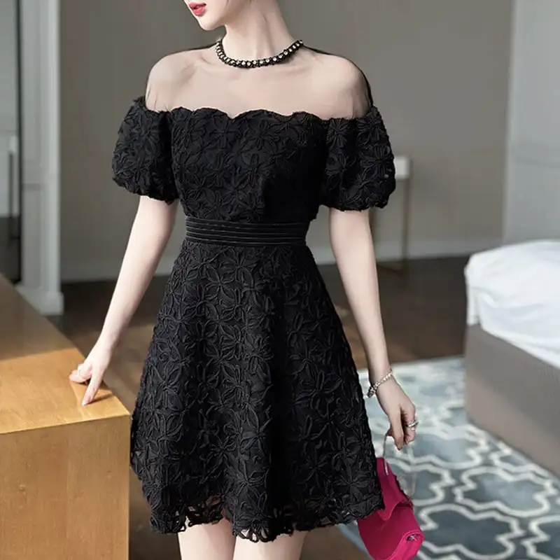 ワンピース レース ハイウエスト おしゃれ 大きいサイズ ブラック
