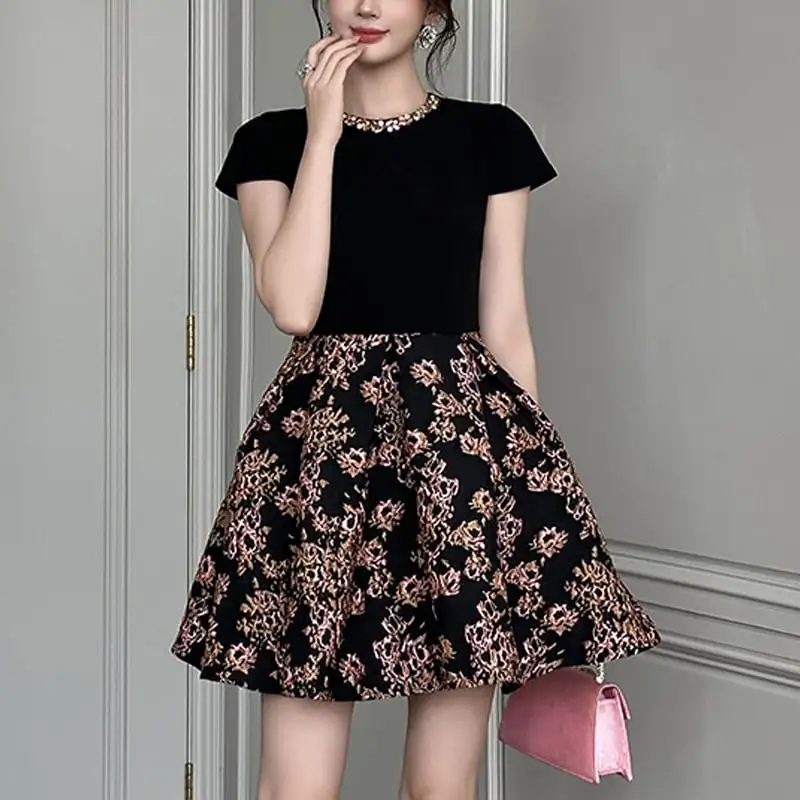 ワンピース ジャカード織り 花柄 切り替え 大きいサイズ ブラック