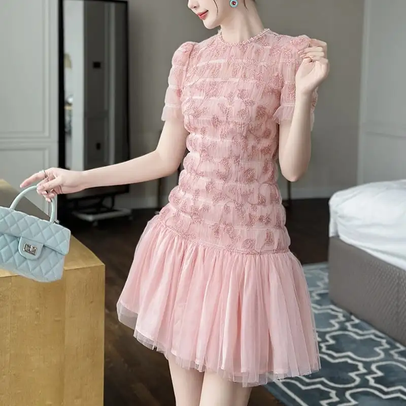 ワンピース パフスリーブ メッシュ スウィート 大きいサイズ ピンク
