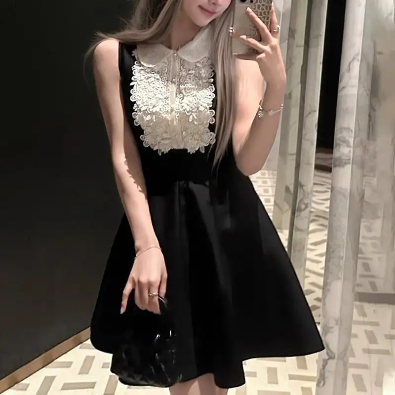 ワンピース POLOネック ノースリーブ レース Aライン ブラック