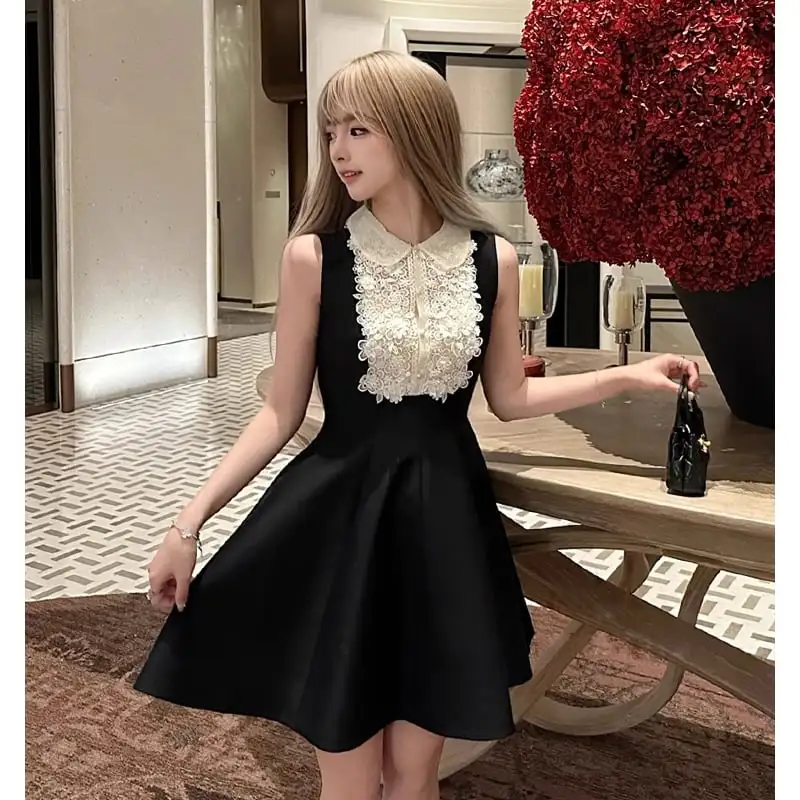 ワンピース POLOネック ノースリーブ レース Aライン ブラック