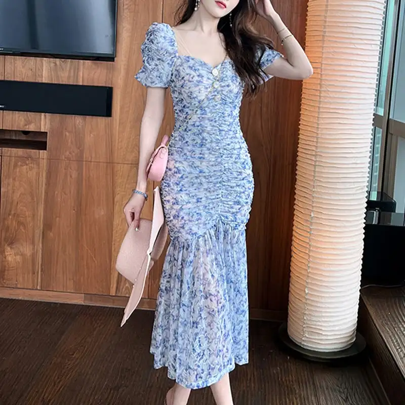 ワンピース お姉様 セクシー 花柄 レトロ フィッシュテール ブルー