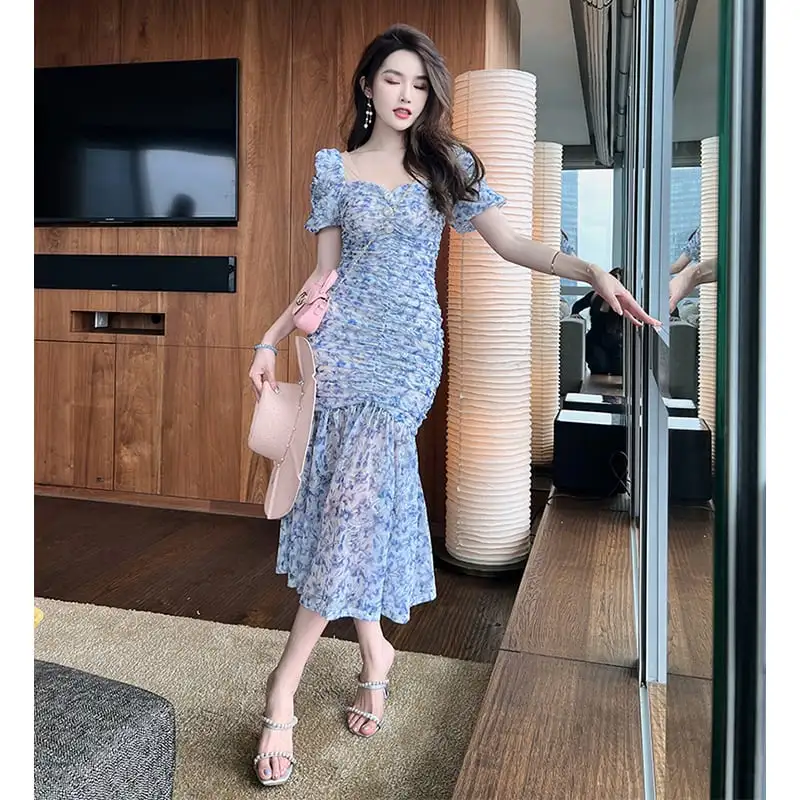 ワンピース お姉様 セクシー 花柄 レトロ フィッシュテール ブルー