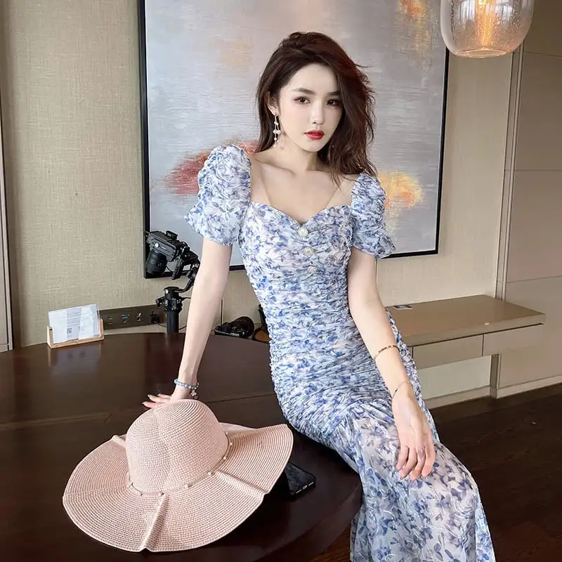 ワンピース お姉様 セクシー 花柄 レトロ フィッシュテール ブルー