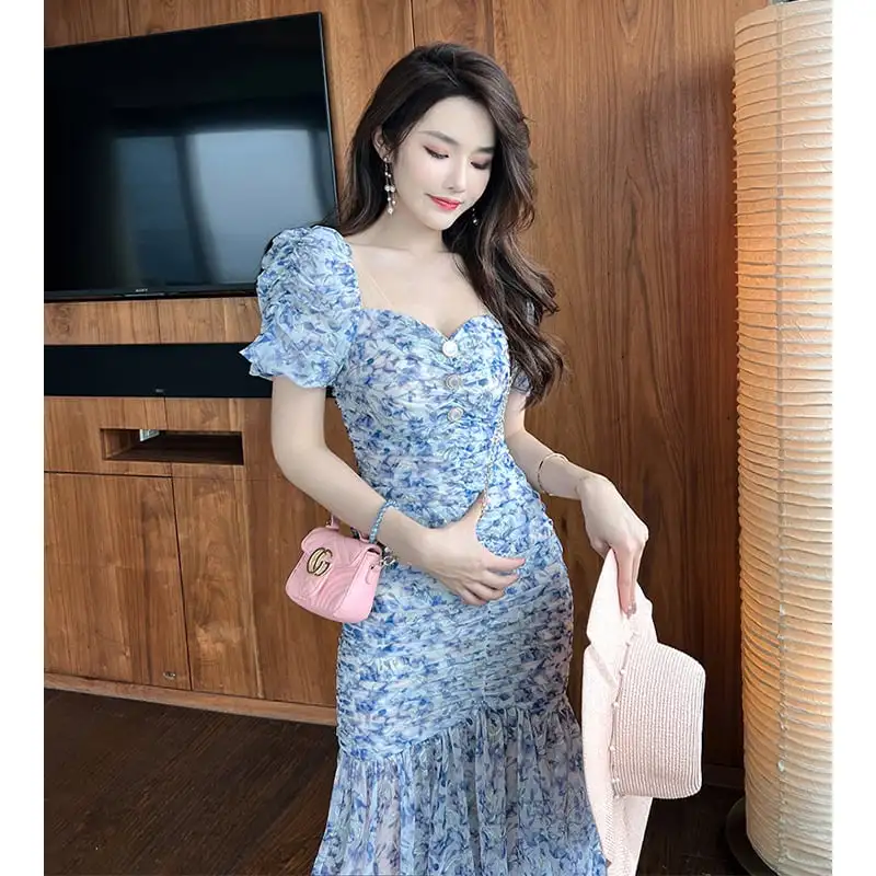 ワンピース お姉様 セクシー 花柄 レトロ フィッシュテール ブルー