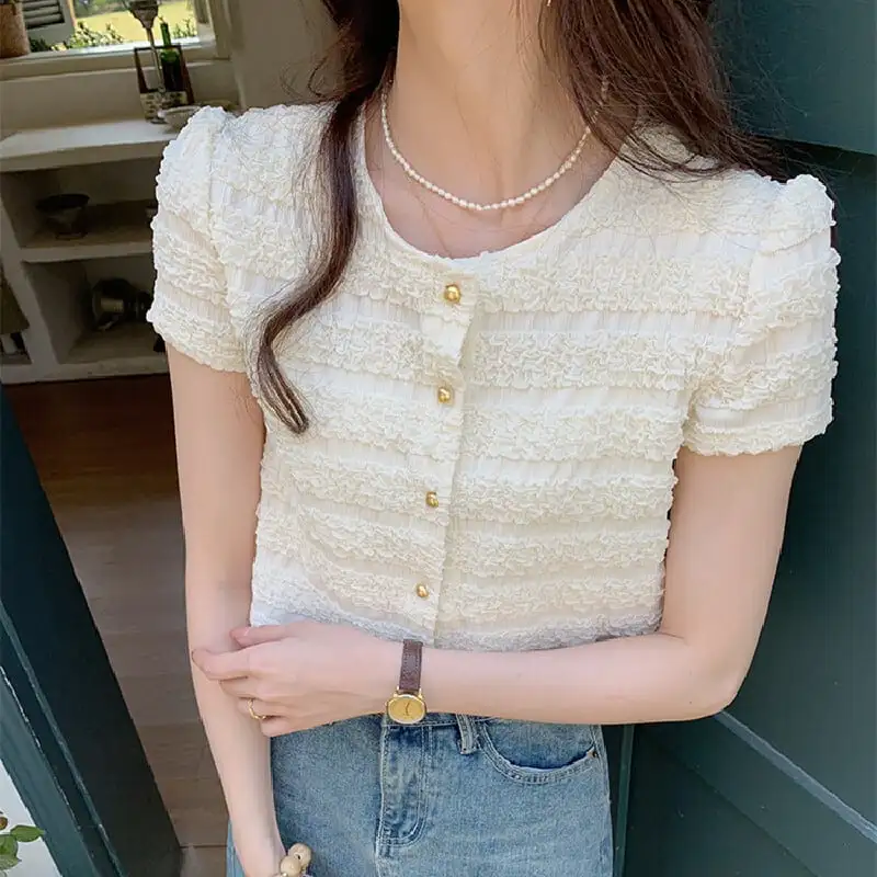 トップス Tシャツ シングルブレスト ラウンドネック 半袖 ベージュ