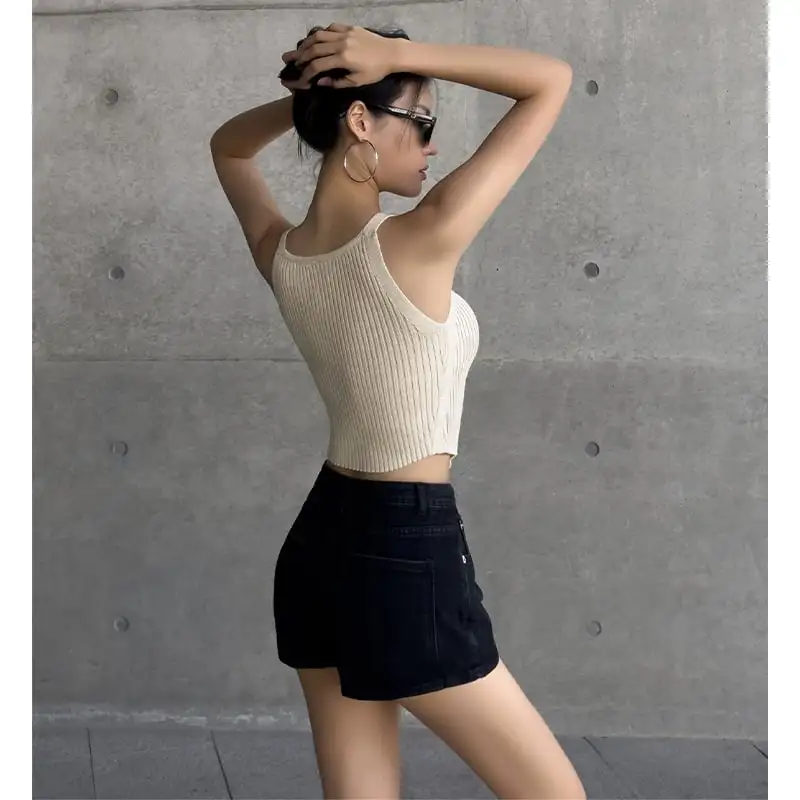 6colors トップス  Tシャツ セクシー ニット ノースリーブ アームホール シュート丈