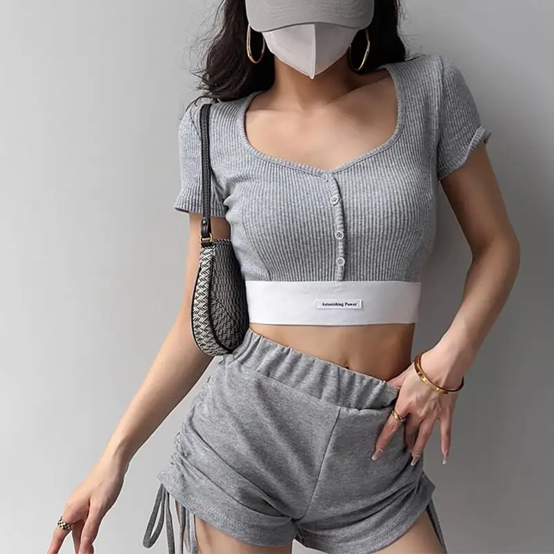 トップス Tシャツ スポーツウェア セクシー 切り替え スクエアネック シュート丈 ホワイト ブラック ピンク グレー ダークグレー