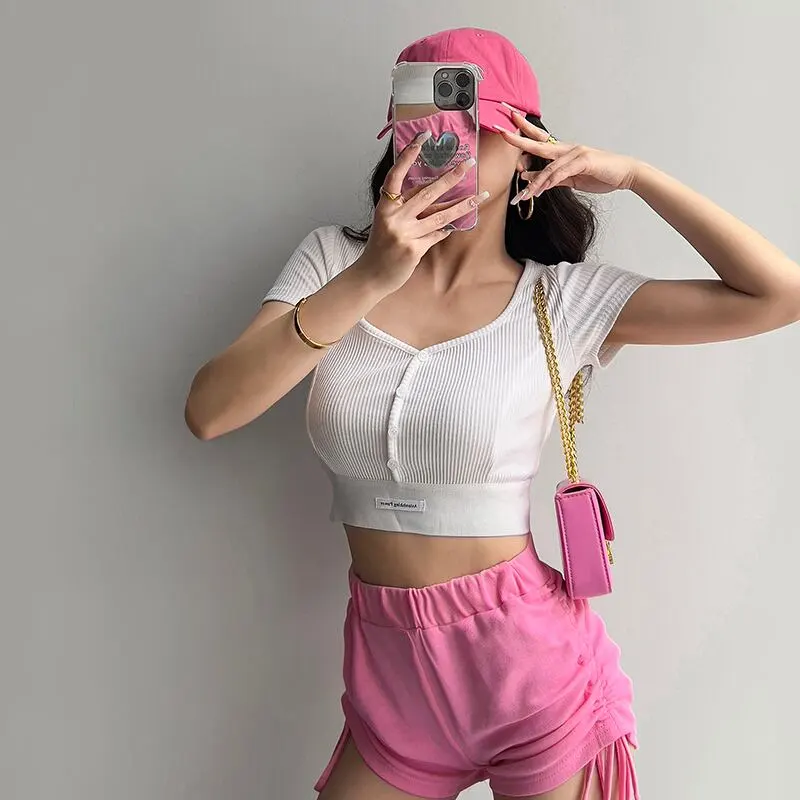 トップス Tシャツ スポーツウェア セクシー 切り替え スクエアネック シュート丈 ホワイト ブラック ピンク グレー ダークグレー