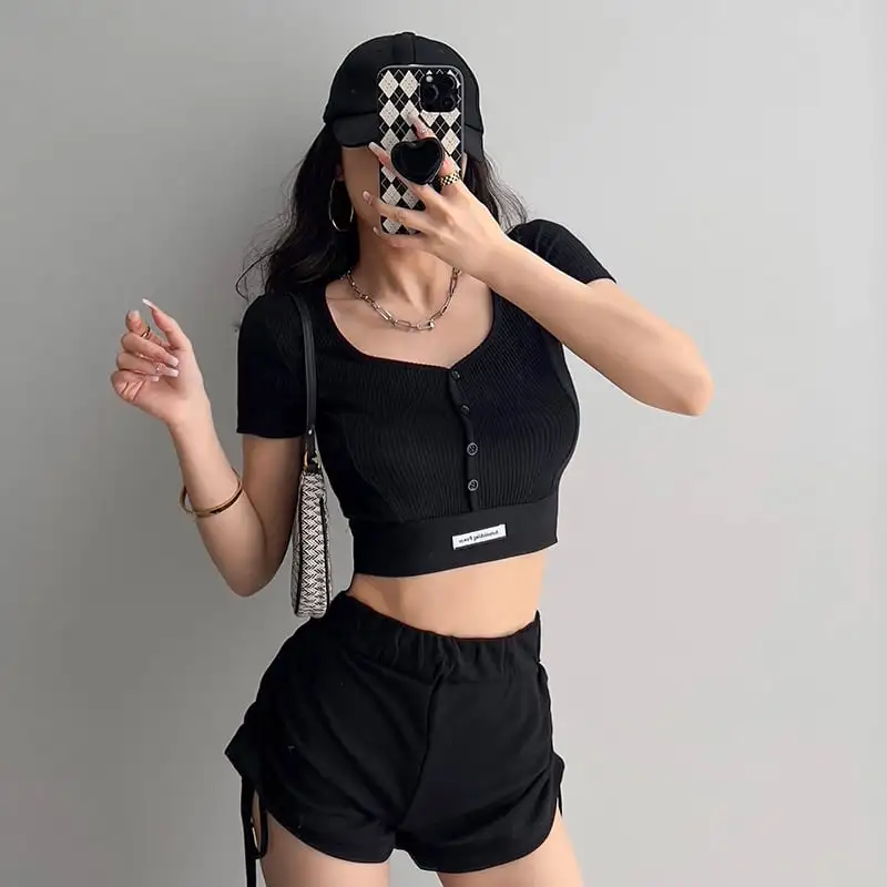 トップス Tシャツ スポーツウェア セクシー 切り替え スクエアネック シュート丈 ホワイト ブラック ピンク グレー ダークグレー