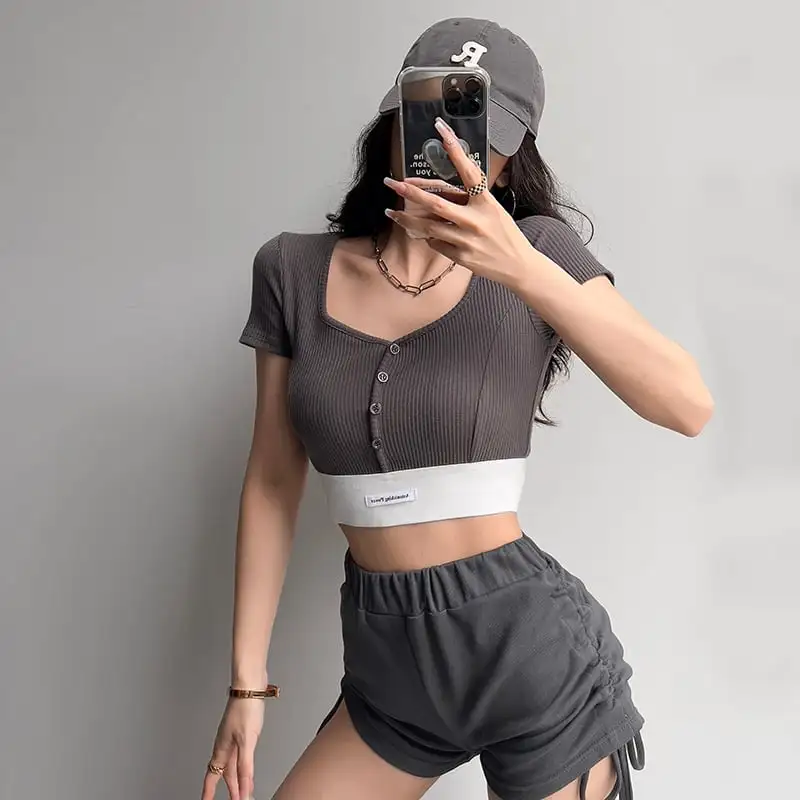 トップス Tシャツ スポーツウェア セクシー 切り替え スクエアネック シュート丈 ホワイト ブラック ピンク グレー ダークグレー