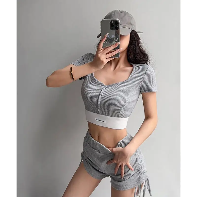 トップス Tシャツ スポーツウェア セクシー 切り替え スクエアネック シュート丈 ホワイト ブラック ピンク グレー ダークグレー