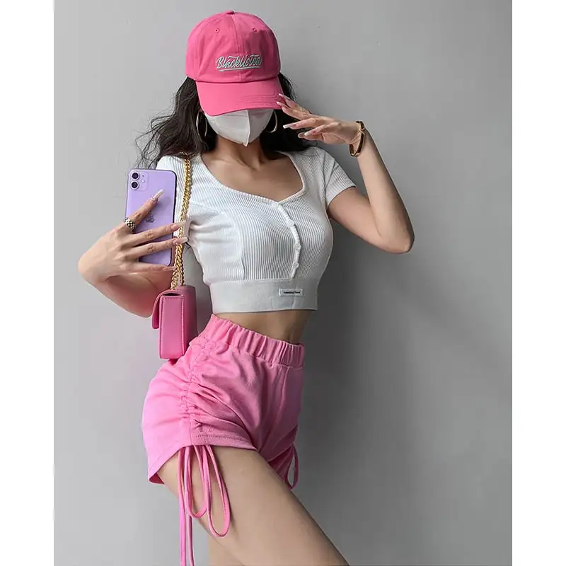 トップス Tシャツ スポーツウェア セクシー 切り替え スクエアネック シュート丈 ホワイト ブラック ピンク グレー ダークグレー