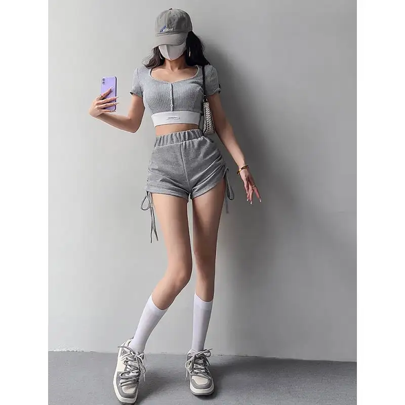 トップス Tシャツ スポーツウェア セクシー 切り替え スクエアネック シュート丈 ホワイト ブラック ピンク グレー ダークグレー
