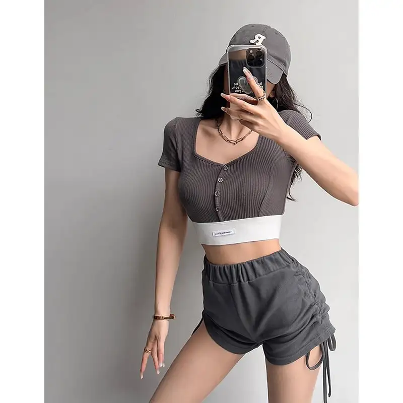 トップス Tシャツ スポーツウェア セクシー 切り替え スクエアネック シュート丈 ホワイト ブラック ピンク グレー ダークグレー